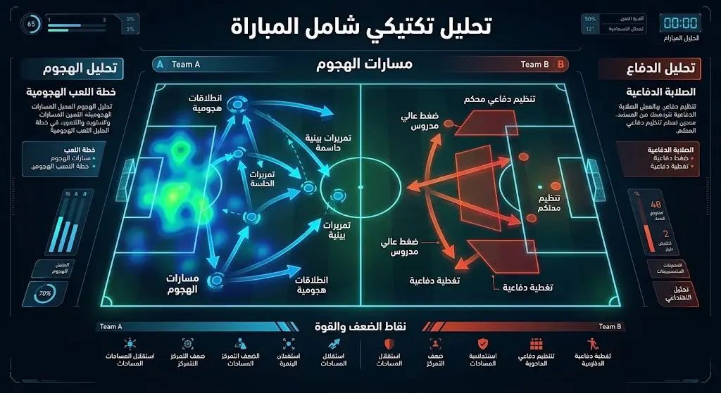 تصميم تحليلي تكتيكي يظهر ملعب كرة قدم مع خطوط وأسهم استراتيجية توضح نقاط القوة والضعف والتطور الفني للمنتخب المصري.