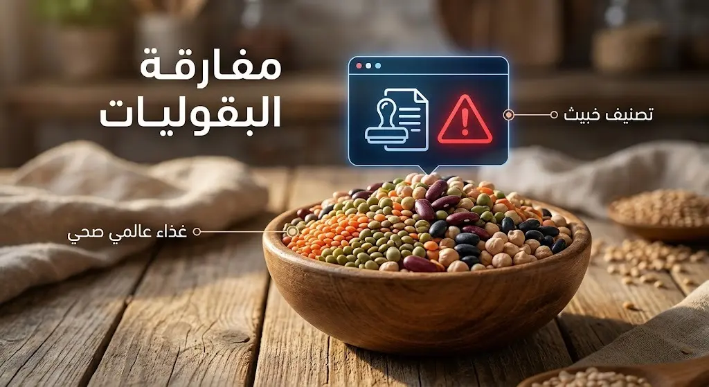 صورة إبداعية تبرز التناقض بين القيمة الغذائية العالمية العالية للبقوليات وبين تصنيفها التحذيري في نظام الطيبات.