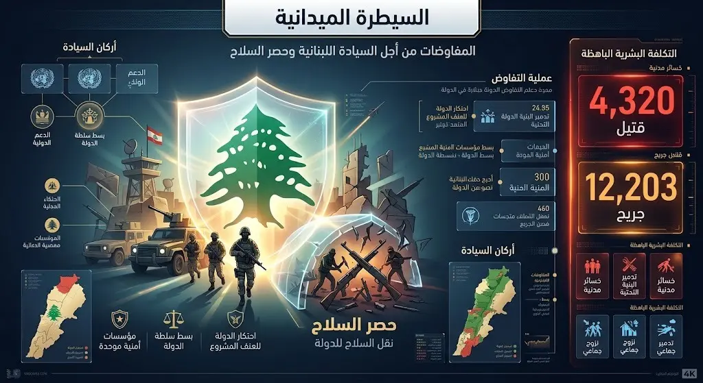 إنفوجرافيك يعرض سيطرة الجيش اللبناني ميدانياً وحصر السلاح بيد الدولة، مع إحصائيات الخسائر البشرية للحرب التي تعكس الحاجة الملحة للاتفاق.