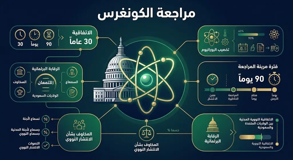 إنفوجرافيك تحليلي يستعرض تفاصيل اتفاقية 123 للتعاون النووي، يدمج بين مبنى الكونغرس ورموز الطاقة السلمية، ويوضح بالأرقام مدة الاتفاقية وفترات المراجعة.