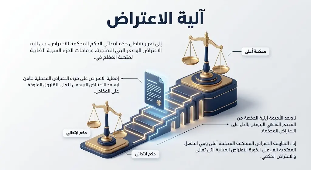 تصميم إنفوجرافيك يوضح انتقال ملف القضية من المحكمة الابتدائية إلى محكمة أعلى عبر درجات مضيئة وميزان العدالة.