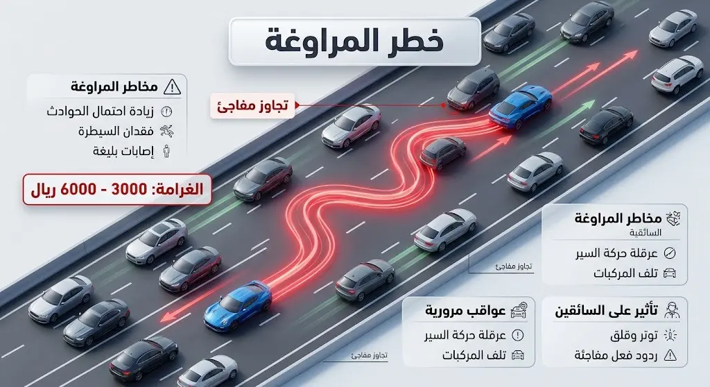 إنفوجرافيك ثلاثي الأبعاد يوضح مسار المراوغة المتعرج لسيارة بين المسارات مع إبراز قيمة الغرامة المرورية المقررة.