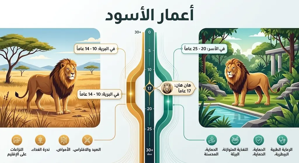 إنفوجرافيك يوضح مقارنة لمتوسط أعمار الأسود بين الحياة الفطرية في البراري والتي تتراوح بين 10 و14 عاماً، وبيئة الأسر في حدائق الحيوان التي تصل إلى 25 عاماً، مع إبراز عمر الأسد هان هان.
