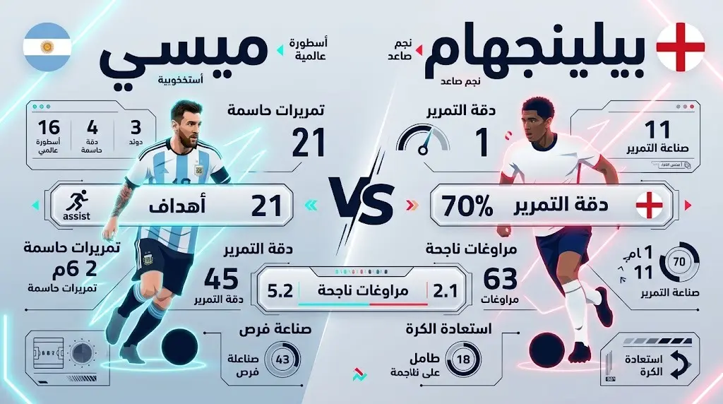 إنفوجرافيك يقارن بين إحصائيات ليونيل ميسي وجود بيلينجهام في المونديال، يتضمن الأهداف والمحاولات والفاعلية.