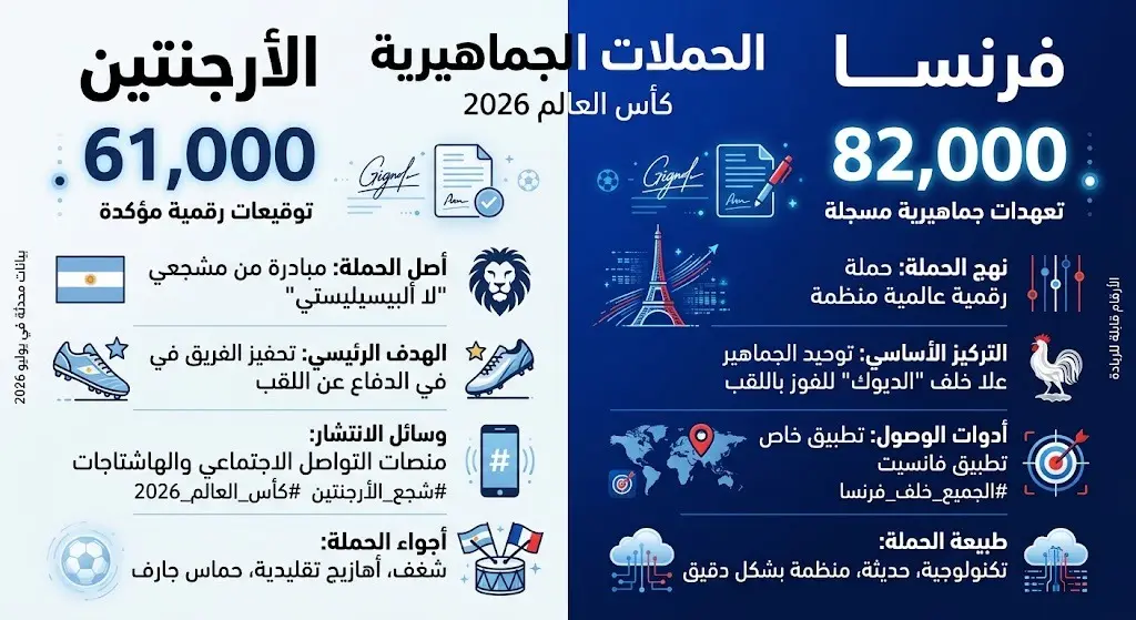 إنفوجرافيك يقارن بين أعداد التوقيعات في الحملات الجماهيرية لمنتخبي الأرجنتين وفرنسا خلال كأس العالم 2026.