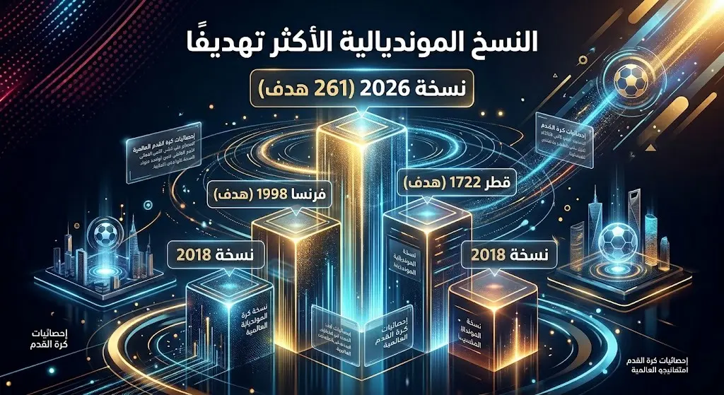 رسم بياني مقارن يوضح تفوق نسخة 2026 المونديالية بـ 261 هدفاً على النسخ السابقة مثل قطر 2022 وفرنسا 1998.