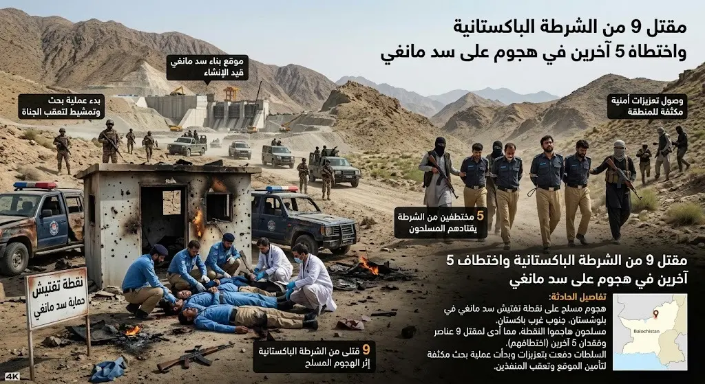 مقتل 9 من الشرطة الباكستانية واختطاف 5 آخرين في هجوم مسلح على نقطة حماية سد مانغي