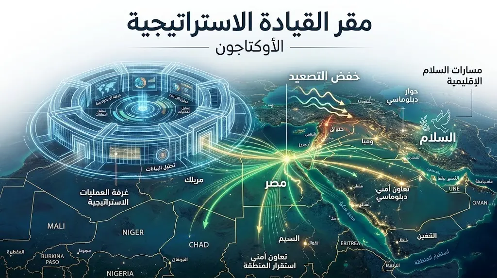 مشهد تعبيري يدمج مبنى القيادة الاستراتيجية الأوكتاجون مع خريطة مضيئة للشرق الأوسط تبرز مسارات السلام