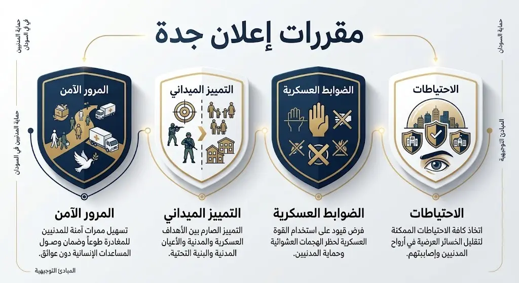 إنفوجرافيك يوضح المقررات الأربعة لإعلان جدة لحماية المدنيين في السودان، متضمنة المرور الآمن، التمييز الميداني، الضوابط العسكرية، والاحتياطات.