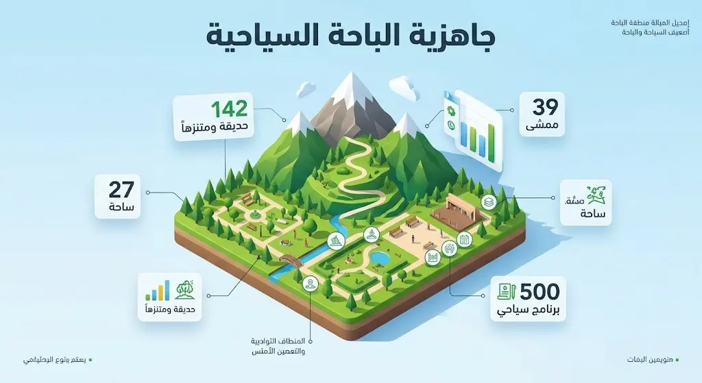 إنفوجرافيك عصري واحترافي يستعرض الأرقام والإحصائيات الخاصة بتجهيزات الباحة السياحية، متضمناً عدد المتنزهات، المساحات الخضراء، والمماشي والفعاليات.