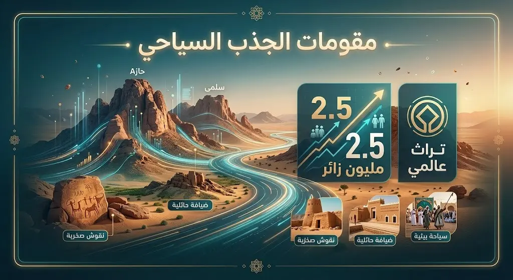 إنفوجرافيك إبداعي يوضح مقومات الجذب السياحي في حائل، مسلطاً الضوء على أعداد الزوار البالغة 2.5 مليون زائر والمواقع المسجلة في اليونسكو.