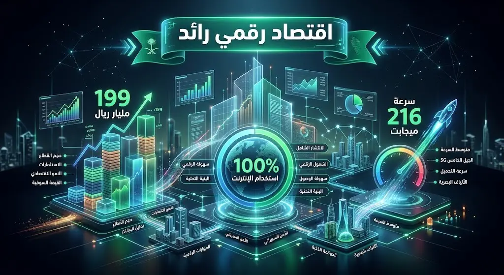 تصميم إنفوجرافيك عصري يبرز بالأرقام حجم سوق الاتصالات في السعودية البالغ 199 مليار ريال ونسبة استخدام الإنترنت 100% وسرعات الاتصال، مع خلفية تقنية تعكس الريادة الرقمية.