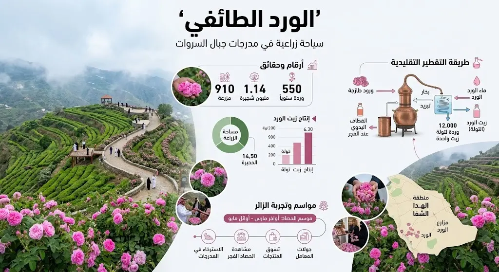 إنفوجرافيك يوضح مقومات السياحة الزراعية في الطائف ومدرجات مزارع الورد الخضراء مع إحصائيات الإنتاج السنوي.