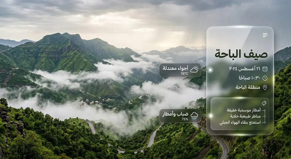 تصميم بصري احترافي يدمج بين طبيعة الباحة الجبلية المكسوة بالضباب وتصميم إنفوجرافيك يبرز الأجواء المعتدلة والأمطار.