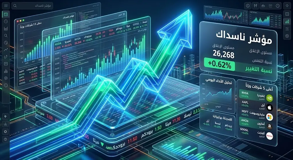 إنفوجرافيك تقني حديث يبرز مكاسب مؤشر ناسداك المجمع ووصوله لمستوى 26,268 نقطة.