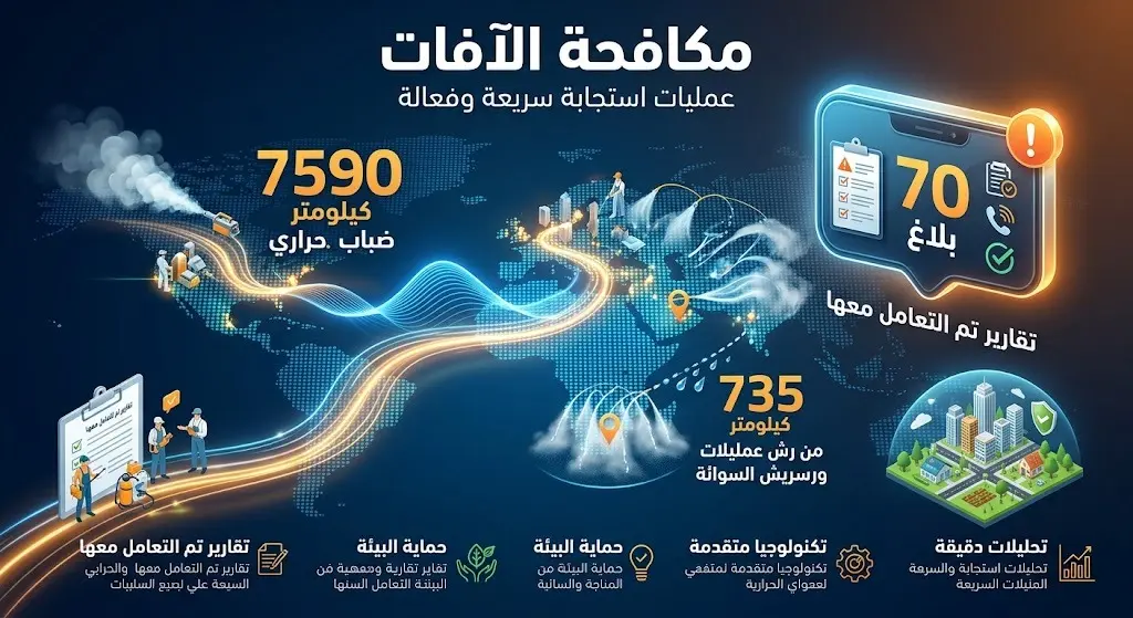تصميم بياني يوضح المسارات الجغرافية الواسعة لعمليات مكافحة الآفات وحجم الاستجابة للبلاغات الميدانية.