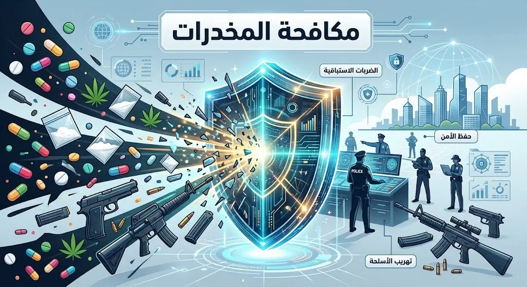 تصميم تعبيري وإنفوجرافيك يجسد جهود الجهات الأمنية في مكافحة المخدرات والأسلحة غير المرخصة لحفظ أمن المجتمع.
