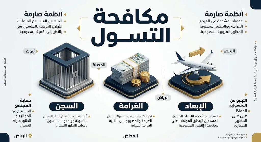 إنفوجرافيك احترافي يوضح العقوبات الرادعة لممتهني التسول من السجن والغرامة والإبعاد