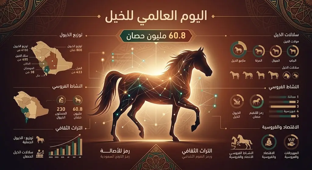 تصميم إنفوجرافيك إبداعي يبرز مكانة الخيل في الهوية الثقافية السعودية متضمناً إحصائية الفاو العالمية عن أعداد الخيول.