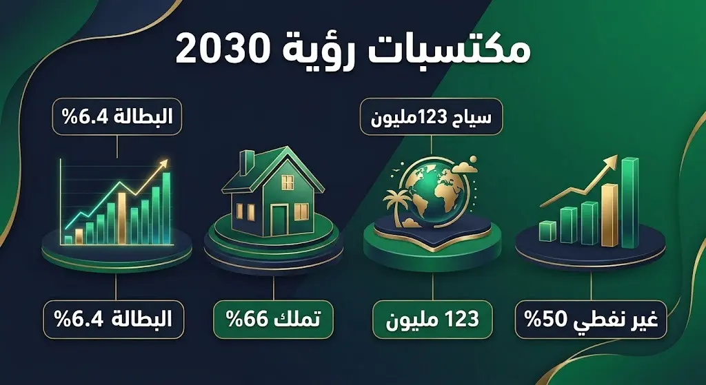 إنفوجرافيك احترافي يستعرض أبرز مكتسبات رؤية السعودية 2030 بالأرقام، متضمناً مؤشرات البطالة، السياحة، وتملك المنازل.