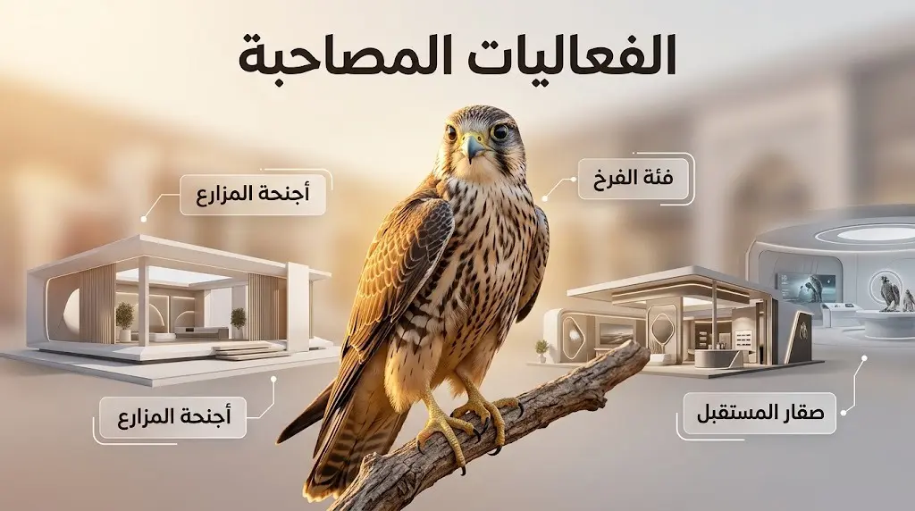 تصميم إبداعي يبرز الصقر من فئة الفرخ مع أجنحة المعرض التفاعلية ومكتسبات الصقارين في المزاد الدولي