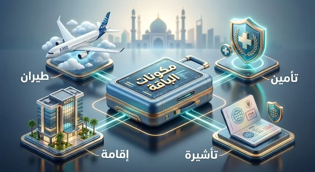 تصميم ثلاثي الأبعاد يعرض المكونات المتكاملة لتأشيرة الباقة مثل الطيران والإقامة والتأمين.