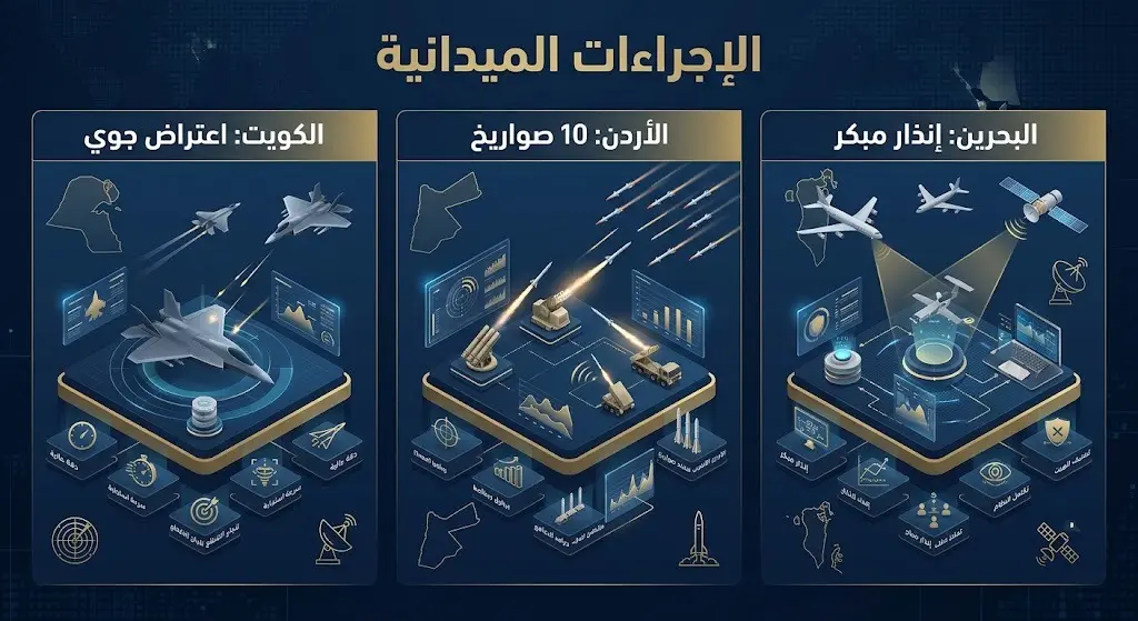 إنفوجرافيك إخباري يوضح ملخص الإجراءات الميدانية المتخذة في الكويت، الأردن، والبحرين لمواجهة التهديدات الجوية.