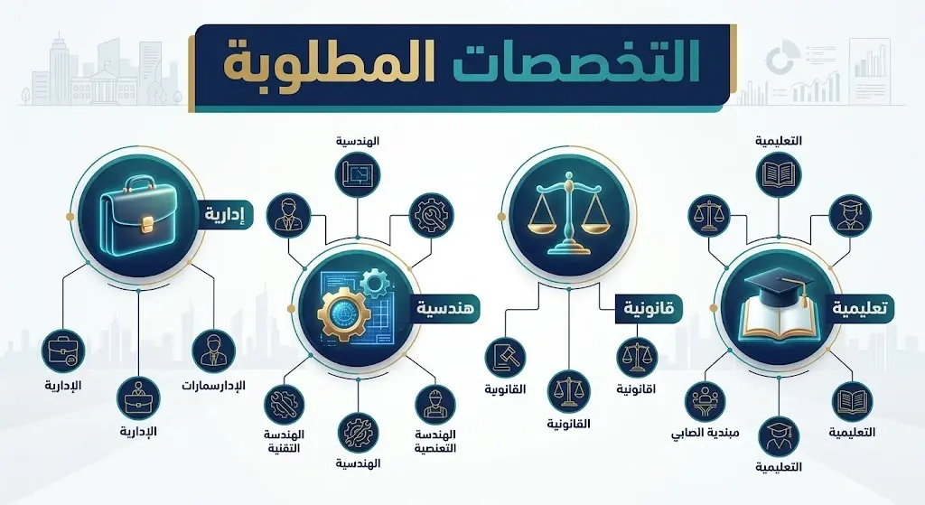 إنفوجرافيك احترافي يوضح ملخص التخصصات الوظيفية المطلوبة في مدارس مسك، مقسمة إلى إدارية، هندسية، قانونية، وتعليمية.