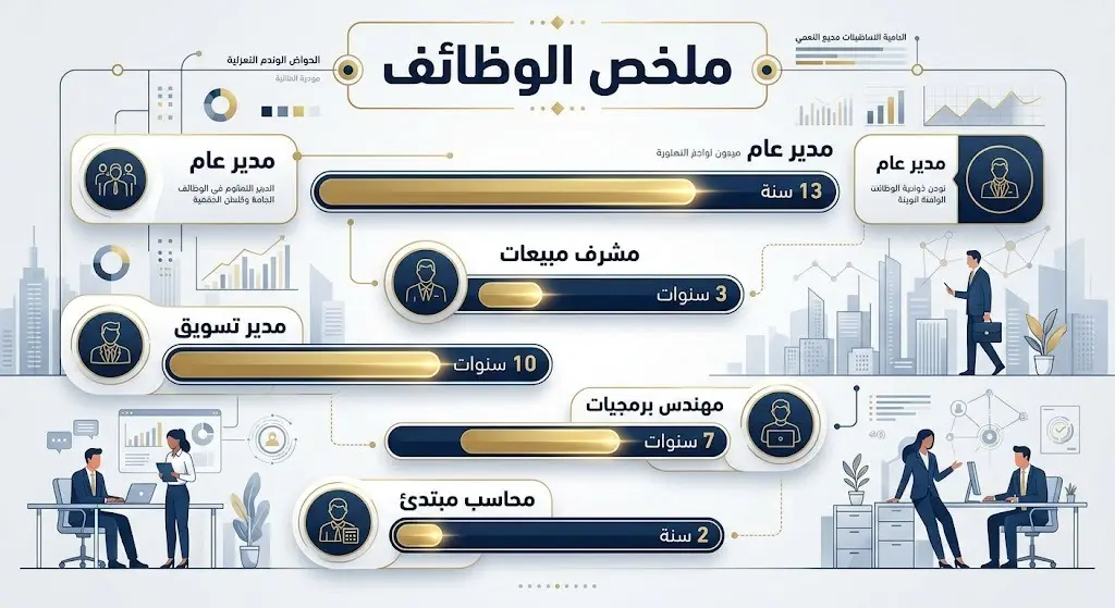 إنفوجرافيك احترافي يلخص الشواغر الوظيفية المتاحة في الشركة الوطنية للإسكان وسنوات الخبرة المطلوبة لكل منصب.