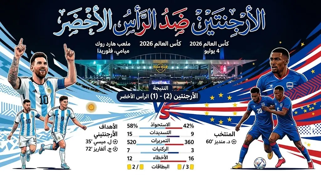 إنفوجرافيك تفصيلي يوضح موعد وملعب مباراة الأرجنتين والرأس الأخضر في مونديال 2026