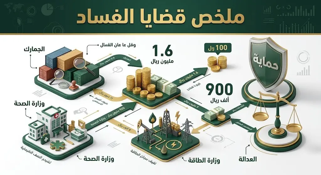 إنفوجرافيك احترافي يعرض ملخصاً لأبرز قضايا الفساد المضبوطة من قبل هيئة الرقابة ومكافحة الفساد، مع إبراز القطاعات المتورطة والمبالغ المالية.