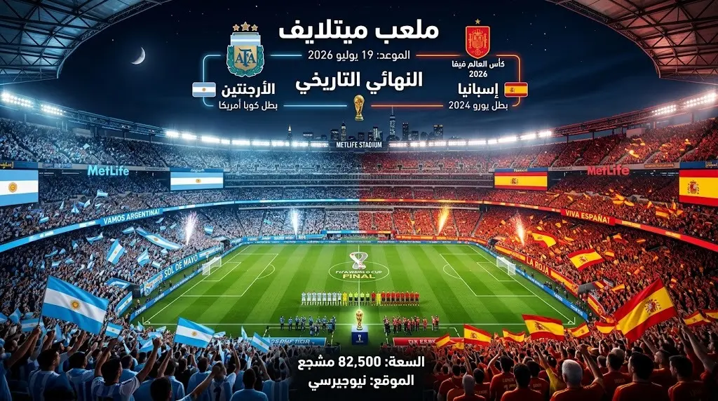 تصميم بصري مبهر لملعب ميتلايف مضاءً بألوان منتخبي الأرجنتين وإسبانيا مع نصوص توضيحية.