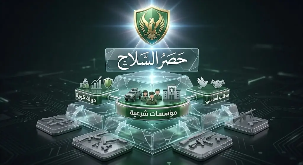 إنفوجرافيك ثلاثي الأبعاد يوضح حصر السلاح بيد الدولة ومؤسساتها الشرعية كشرط لبناء دولة قوية.