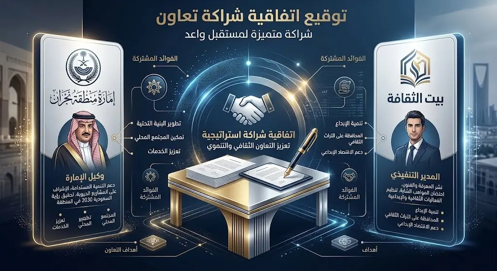 تصميم بصري احترافي يوضح الجهات الموقعة على الاتفاقية وممثليها، وهما إمارة منطقة نجران ممثلة بوكيل الإمارة، وبيت الثقافة ممثلاً بالمدير التنفيذي.