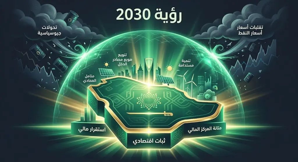 تصميم تعبيري يبرز استقرار الاقتصاد السعودي ومستهدفات رؤية 2030 في مواجهة التقلبات العالمية.