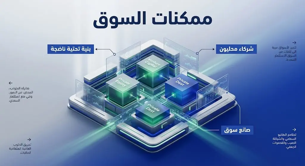 تصميم بصري يستعرض العوامل المعززة لجاذبية السوق السعودي، مثل البنية التحتية الناضجة ودور الشركاء المحليين وصُناع السوق.