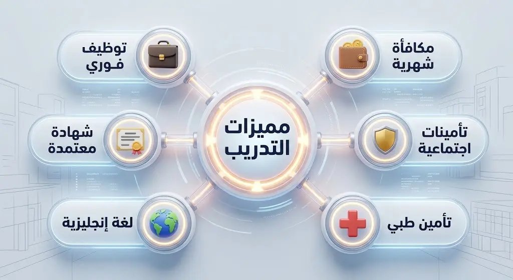إنفوجرافيك احترافي ثلاثي الأبعاد يستعرض مميزات التدريب في معهد الرياض للتقنية مثل التوظيف الفوري والمكافأة الشهرية والتأمين الطبي.