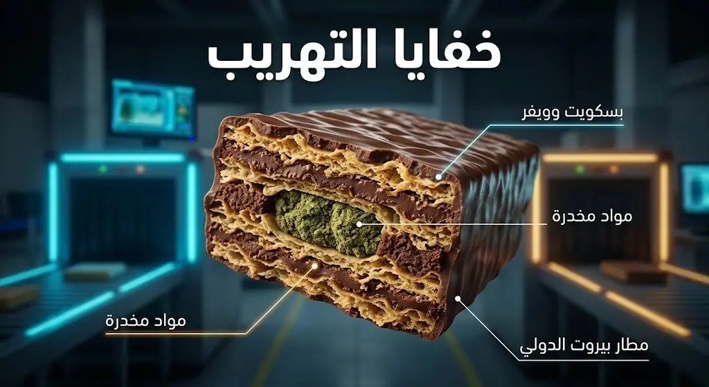 تصميم توضيحي يكشف أسلوب إخفاء المخدرات داخل طبقات البسكويت لتهريبها عبر مطار بيروت