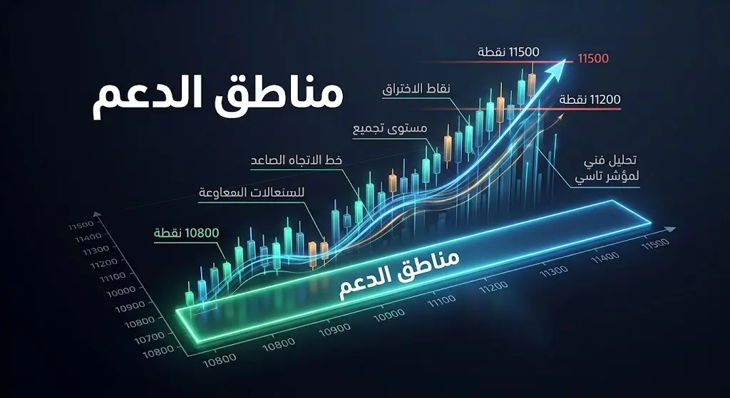 إنفوجرافيك مالي يوضح مناطق الدعم لمؤشر سوق الأسهم السعودية بين مستويي 10,800 و10,900 نقطة.