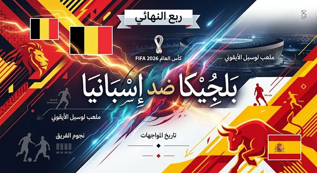تصميم بصري يبرز المواجهة المرتقبة بين بلجيكا وإسبانيا في ربع نهائي كأس العالم 2026.