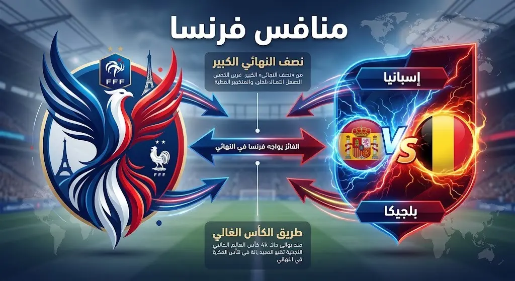 تصميم إنفوجرافيك يوضح انتظار منتخب فرنسا للفائز من مباراة إسبانيا وبلجيكا في نصف نهائي كأس العالم 2026