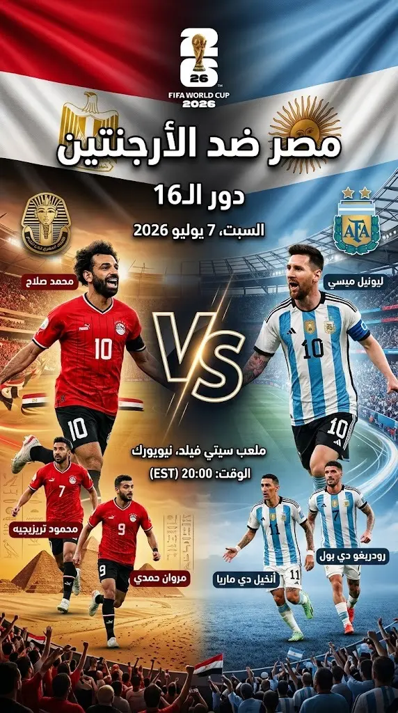 تصميم رياضي درامي يبرز مواجهة مصر والأرجنتين في دور الـ16 من كأس العالم 2026 مع إبراز ألوان ورموز البلدين.