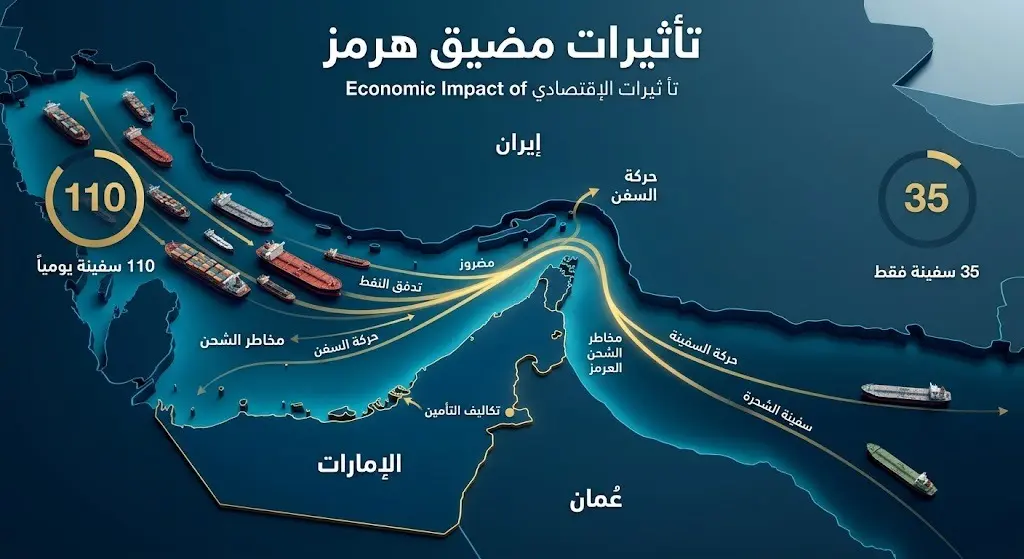 إنفوجرافيك ثلاثي الأبعاد يوضح تراجع حركة الملاحة في مضيق هرمز من 110 سفن إلى 35 سفينة تجارية يومياً إثر التوترات والمباحثات المستمرة.