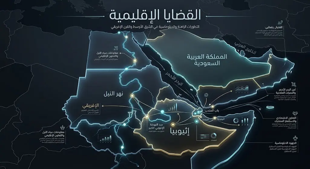 خريطة إنفوجرافيك جغرافية سياسية توضح التقاطع الإقليمي بين السعودية وإثيوبيا ومنطقة القرن الإفريقي