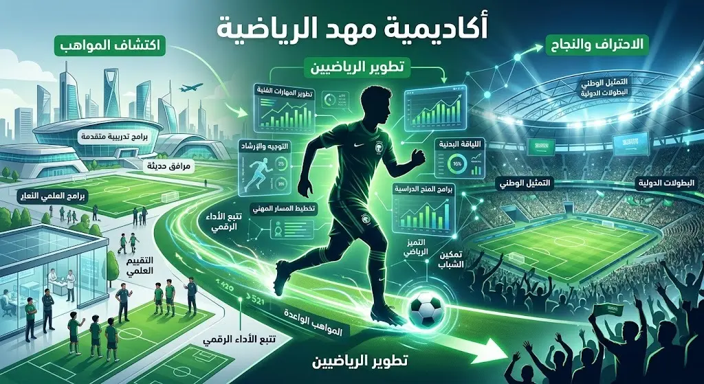 مشهد تعبيري يظهر لاعباً رياضياً شاباً محاطاً برسومات بيانية ومؤشرات تطور، يمثل جهود أكاديمية مهد في رعاية واكتشاف المواهب الرياضية.