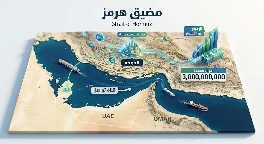 إنفوجرافيك احترافي يوضح خريطة مضيق هرمز ومسارات الملاحة مع إبراز ملف الأموال المجمدة وقناة التواصل الدبلوماسية