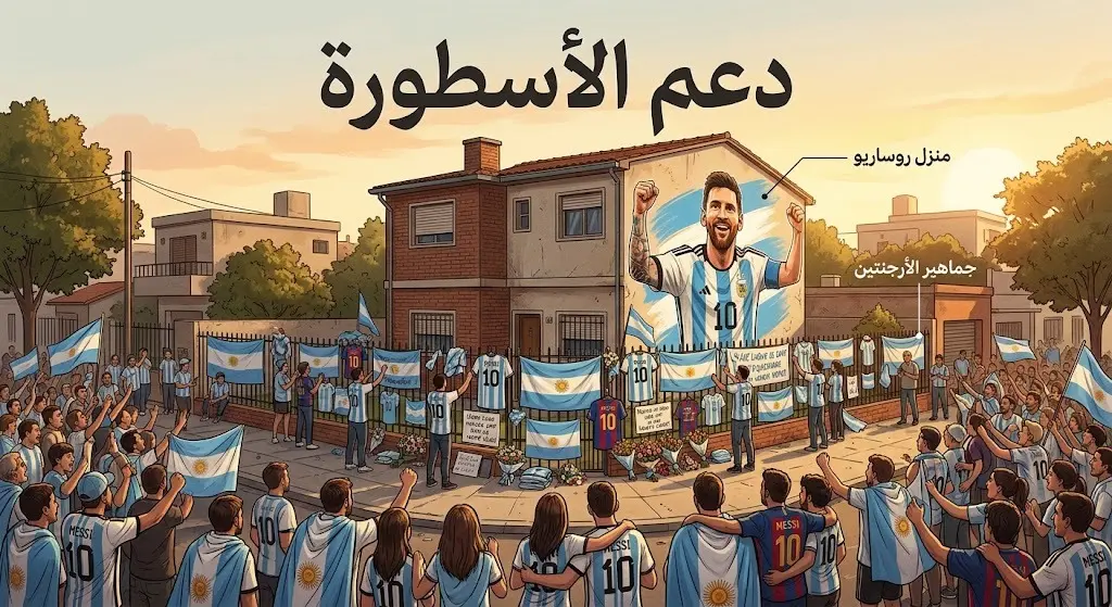 حشود من المشجعين الأرجنتينيين يتجمعون أمام منزل طفولة ميسي في روساريو لدعمه تاركين الأعلام والقمصان