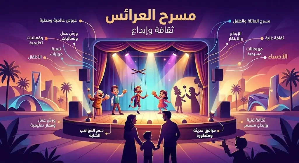 تصميم فني يبرز مسرح العرائس كمنصة ثقافية تجمع بين الأطفال والأسر، مع نصوص عربية توضح أبعاد المهرجان.