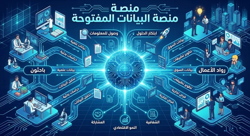 إنفوجرافيك عصري يوضح دور منصة البيانات المفتوحة في إتاحة المعلومات للباحثين ورواد الأعمال وابتكار الحلول الرقمية.