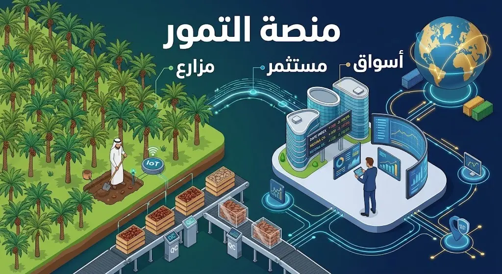 إنفوجرافيك ثلاثي الأبعاد يعرض بيئة تفاعلية تربط بين مزارعي النخيل والمستثمرين والأسواق عبر منصة اقتصادية متكاملة.
